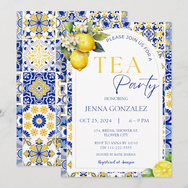 Invitación Elegante Fiesta de té de limón mediterráneo (Anverso / Reverso)