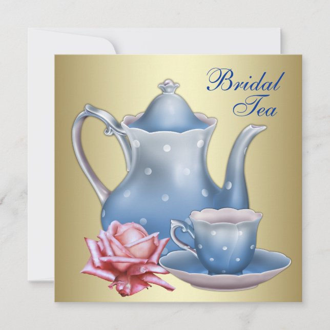 Invitación Elegante Fiesta de té de novia azul dorado (Anverso)
