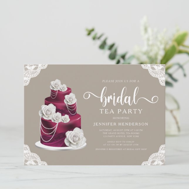 Invitación Elegante Fiesta de té de novia con torta de borgoñ (Anverso de pie)