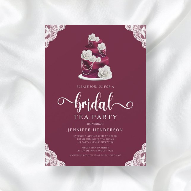 Invitación Elegante Fiesta de té de novia con torta de borgoñ (Subido por el creador)