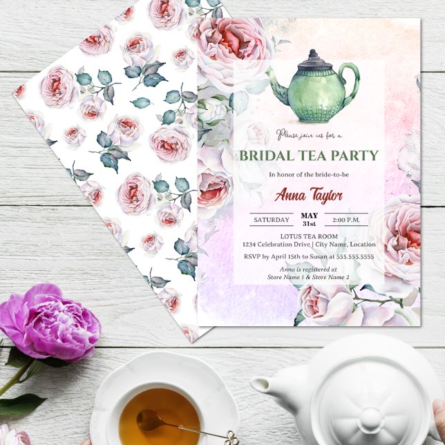 Invitación Elegante Fiesta de té de novia floral (Elegant floral bridal tea party invitation front and back view.)