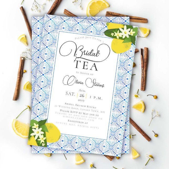 Invitación Elegante Fiesta de té de novia Lemons Blue Tiles D (Subido por el creador)