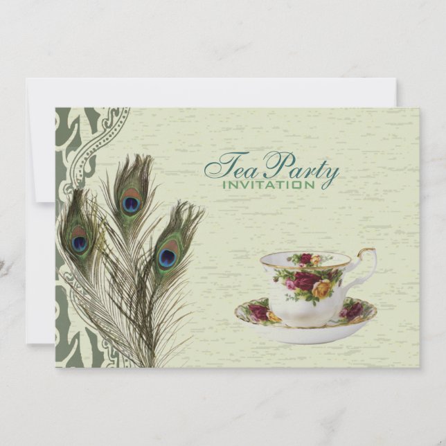 Invitación elegante fiesta de té de pavo real verde (Anverso)