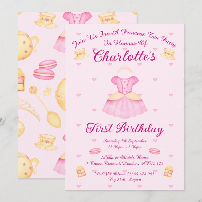 Invitación Elegante Fiesta de Té de Princesa al Acuarela Rosa (Anverso / Reverso)