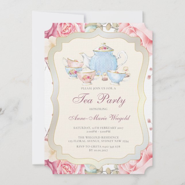 Invitación Elegante Fiesta de té floral (Anverso)