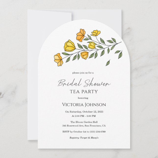 Invitación Elegante Fiesta de té floral amarillo invitan a ba (Anverso)