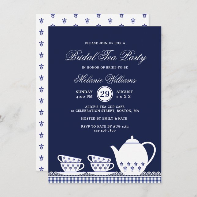 Invitación Elegante Fiesta de té floral azul blanco floral co (Anverso / Reverso)