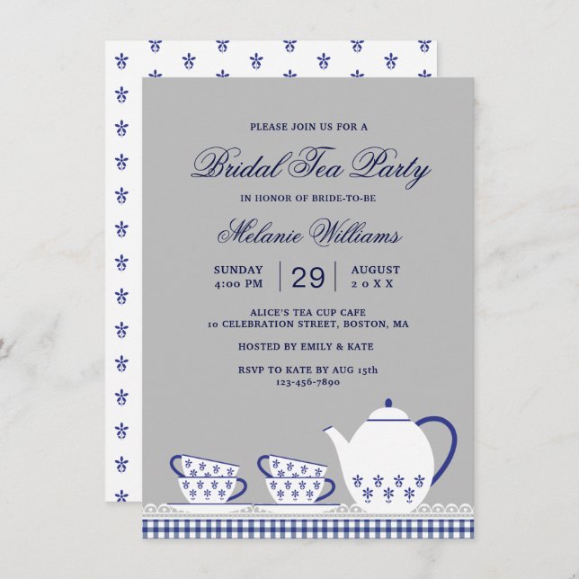Invitación Elegante fiesta de té floral gris azul bridal (Anverso / Reverso)