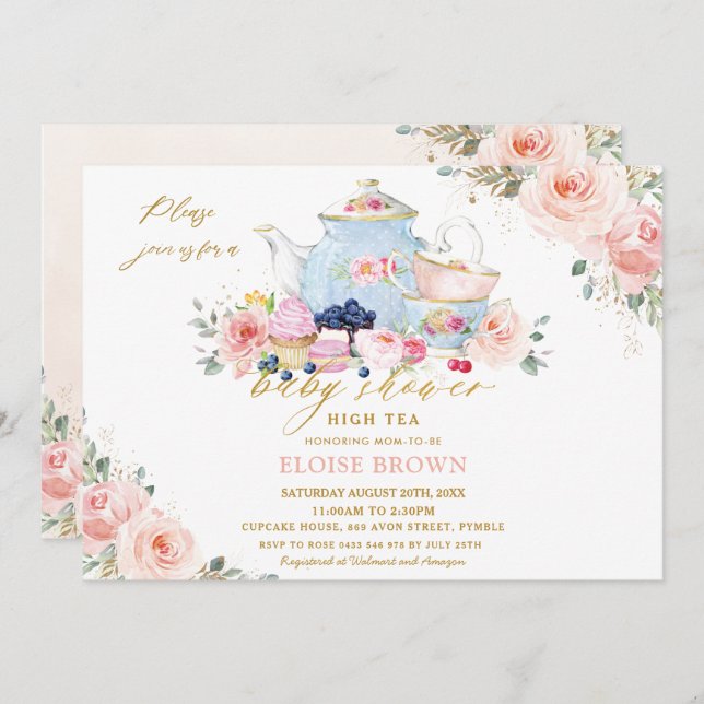 Invitación Elegante Fiesta de té floral rosado de Rubor (Anverso / Reverso)