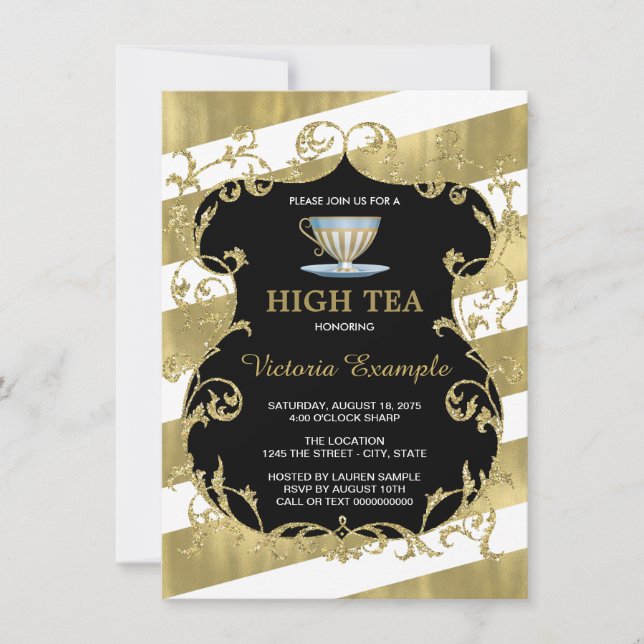 Invitación Elegante Fiesta de té negro y oro (Anverso)