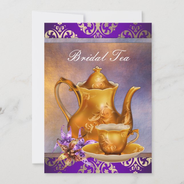 Invitación Elegante fiesta de té nupcial Orquídea dorada y pú (Anverso)