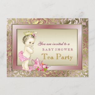 Invitación Elegante fiesta de té para niñas en rosa pastel Ba