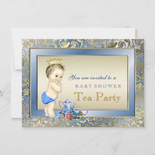 Invitación Elegante Fiesta de té para niños azules y dorados  (Anverso)