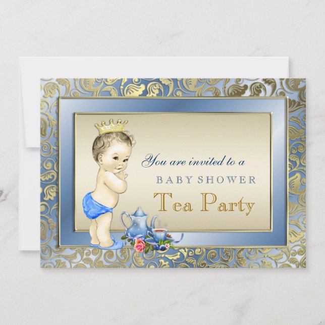 Invitación Elegante Fiesta de té para niños azules y dorados  (Anverso)