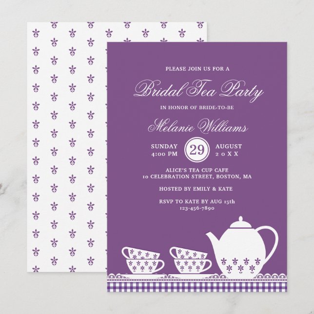 Invitación Elegante Fiesta de té púrpura moderno ducha de nov (Anverso / Reverso)