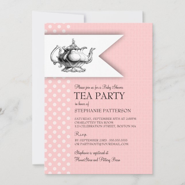 Invitación Elegante Fiesta de té rosado Polkadot Baby Shower (Anverso)