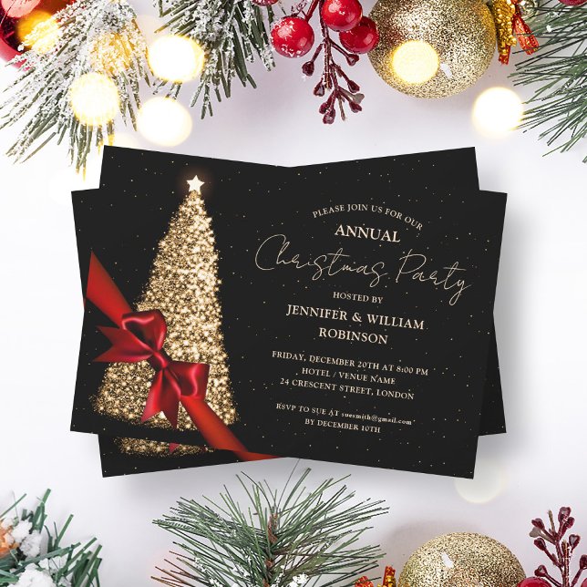 Invitación Elegante fiesta de vacaciones de Cinta de Cintas d (Elegant Gold Black Xmas Tree Ribbon Holiday Party Invitation)