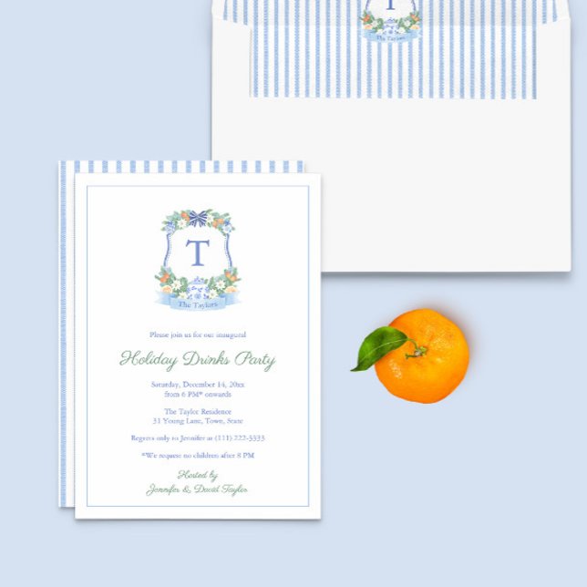 Invitación Elegante Fiesta de vacaciones de Escudo de cítrico (Blue And White Citrus Winter Christmas Crest Holiday Drinks Party Invitation)