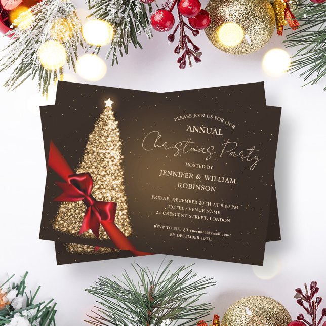 Invitación Elegante fiesta de vacaciones de la cinta del árbo (Elegant Gold Xmas Tree Ribbon Holiday Party Invitation)