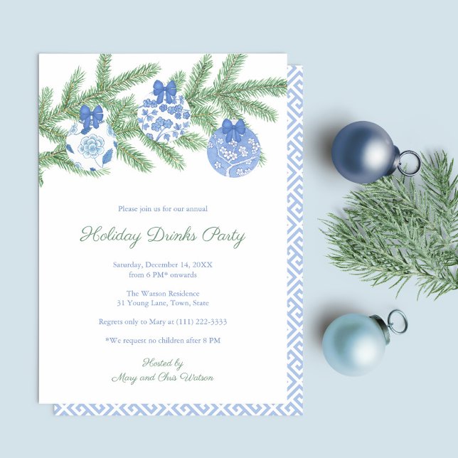 Invitación Elegante Fiesta De Vacaciones De Ornamentos Azules (Simple elegant blue and white chinoiserie Holiday Drinks Party invitation)