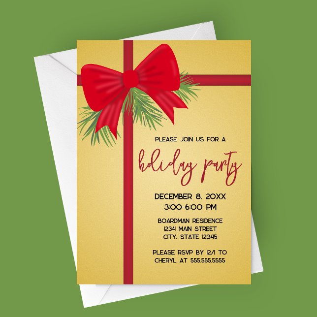 Invitación Elegante fiesta de vacaciones de oro y reverencia  (Gift Wrapped Gold and Red Bow Holiday Party Invitation | Christmas Party Invitation)