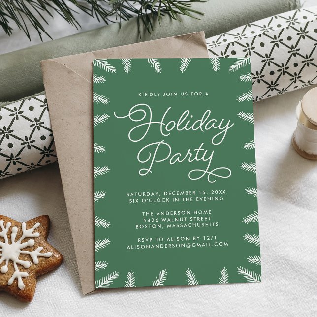 Invitación Elegante fiesta de vacaciones de pino verde y blan (Subido por el creador)