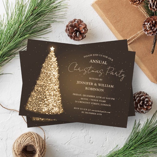 Invitación Elegante fiesta de vacaciones de verano de oro (Elegant Gold Xmas Tree Sparkle Holiday Party Invitation)