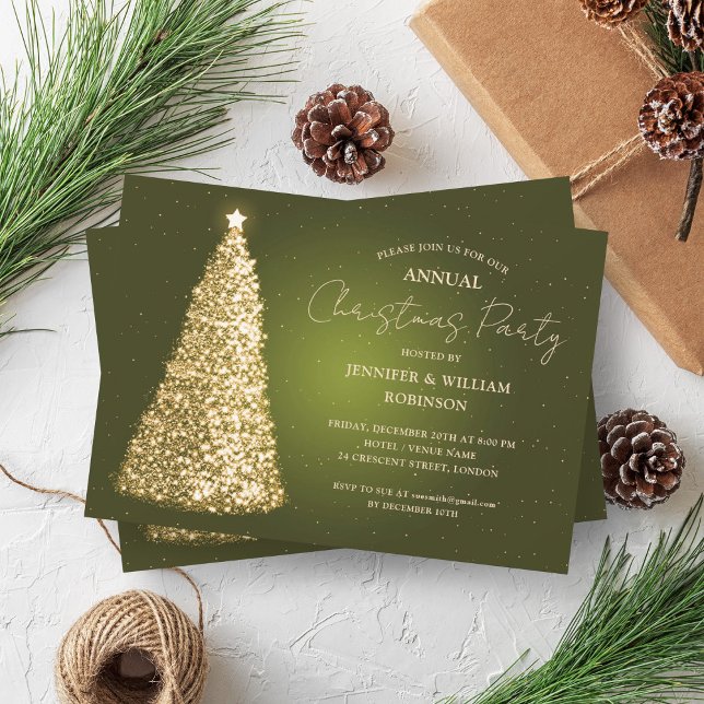 Invitación Elegante fiesta de vacaciones de verano verde de o (Elegant Gold Green Xmas Tree Sparkle Holiday Party Invitation)