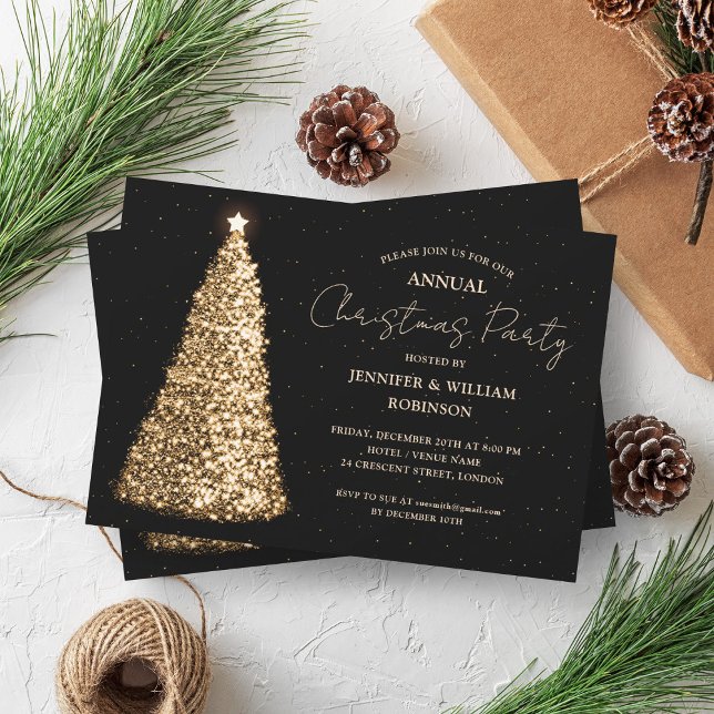 Invitación Elegante Fiesta de vacaciones en árbol negro de na (Elegant Gold Black Xmas Tree Sparkle Holiday Party Invitation)