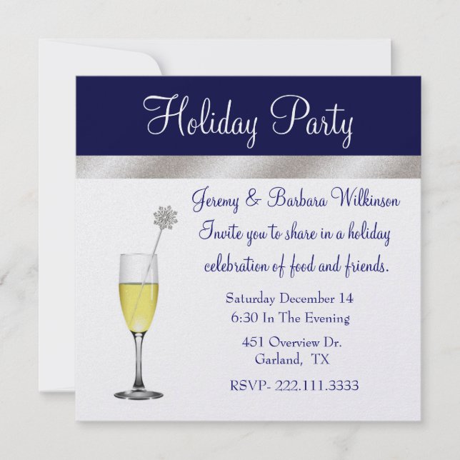 Invitación Elegante fiesta de vacaciones en azul y plata (Anverso)