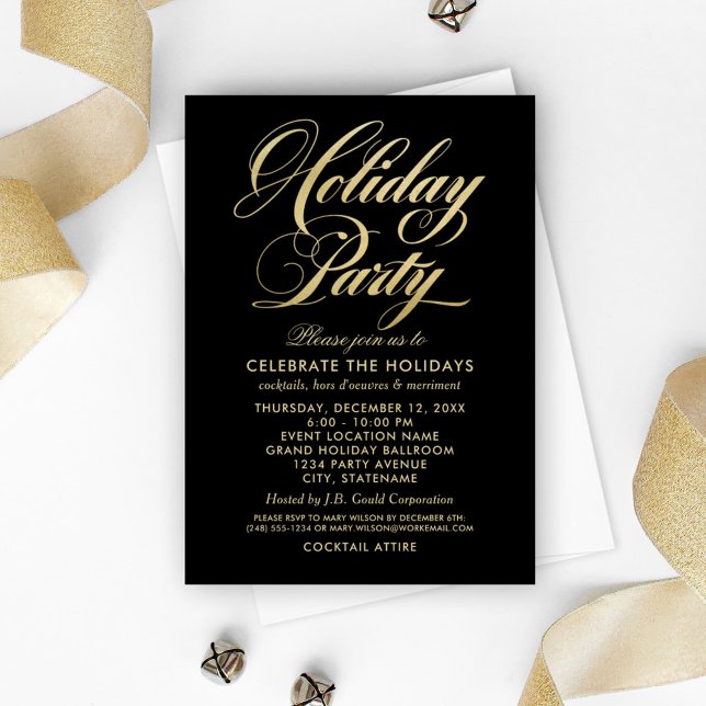 Invitación Elegante fiesta de vacaciones en negro y guión dor (Subido por el creador)