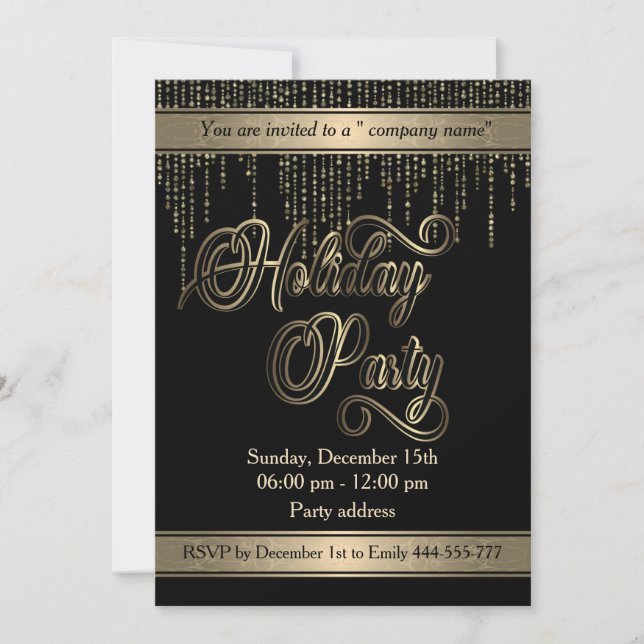 Invitación Elegante fiesta de vacaciones negro de oro (Anverso)