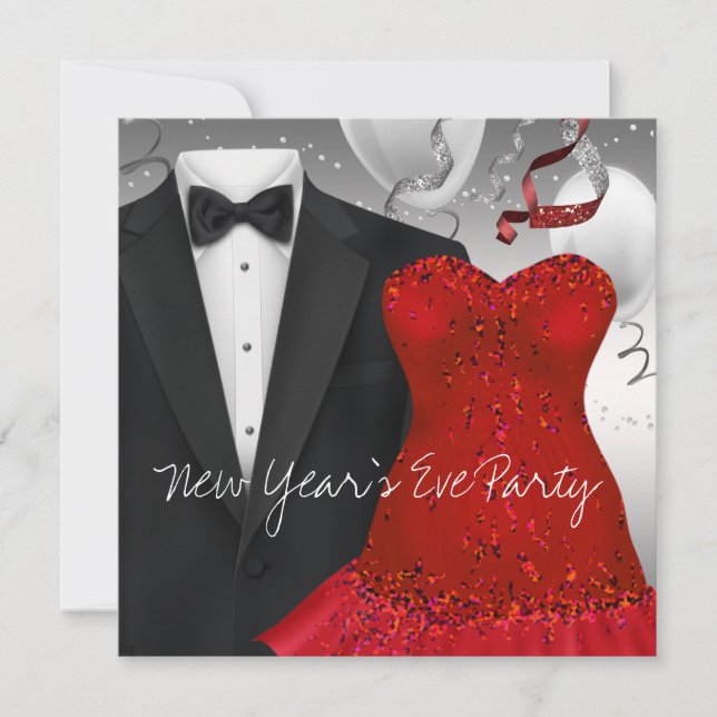 Invitación Elegante Fiesta de Vestido Rojo de Tuxedo Negro (Anverso)