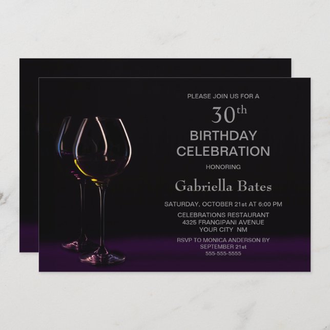 Invitación Elegante Fiesta de Vino Vidrio 30 cumpleaños (Anverso / Reverso)