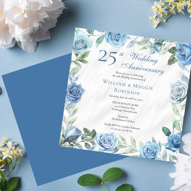 Invitación Elegante Fiesta del 25° Aniversario de la Floral A (Elegant Blue and White with Sage Green Floral Frame Square 25th Wedding Anniversary Party Invitation)