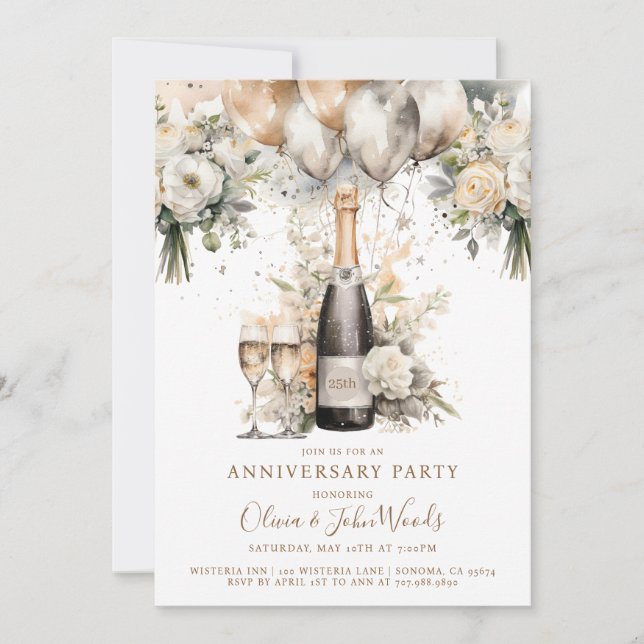 Invitación Elegante Fiesta del 25° aniversario Globos de cham (Anverso)