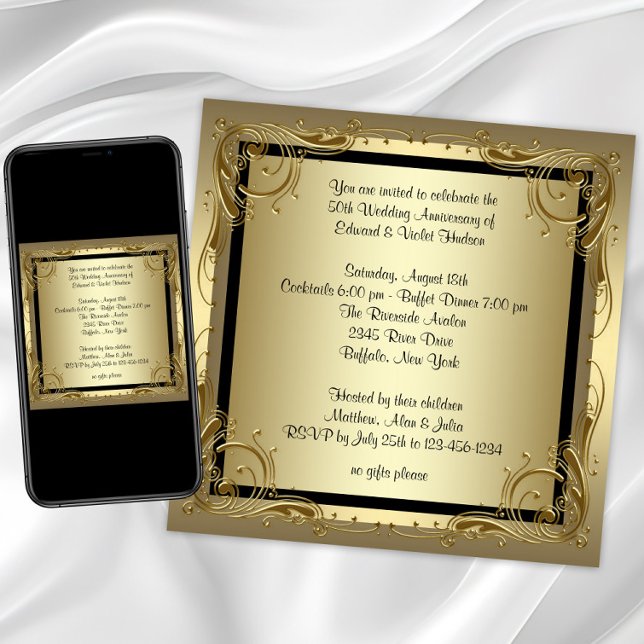 Invitación Elegante Fiesta del 50° Aniversario del Oro Boda (Elegant Gold 50th Wedding Anniversary Party Invitation with gold swirl border. Any event or occasion)