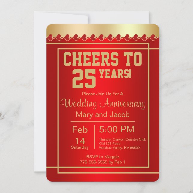 Invitación Elegante Fiesta del Aniversario Rojo (Anverso)
