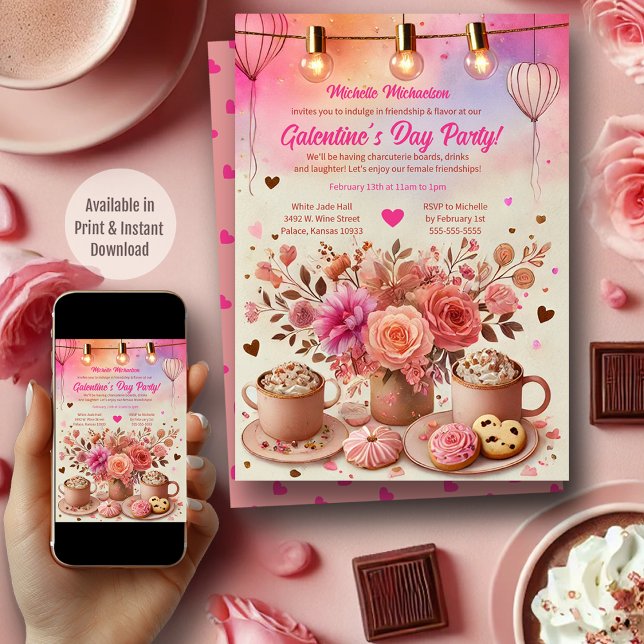 Invitación Elegante Fiesta del día de Galentine rosa floral (Subido por el creador)