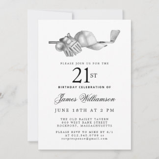 Invitación Elegante Fiesta del Golf Blanco Negro 21 de cumple