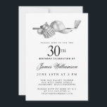 Invitación Elegante Fiesta del Golf Blanco Negro 30 de cumple<br><div class="desc">Elegante invitación de cumpleaños en blanco y negro para un golfista. La parte superior de la invitación está decorada con accesorios de golf: un club de golf, una pelota de golf, un gorra y guantes. La acuarela crea una estética tradicional y clásica. Perfecto para una fiesta de cumpleaños en el...</div>