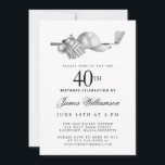 Invitación Elegante Fiesta del Golf Blanco Negro 40 cumpleaño<br><div class="desc">Elegante invitación de cumpleaños en blanco y negro para un golfista. La parte superior de la invitación está decorada con accesorios de golf: un club de golf, una pelota de golf, un gorra y guantes. La acuarela crea una estética tradicional y clásica. Perfecto para una fiesta de cumpleaños en el...</div>