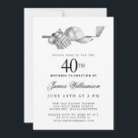 Invitación Elegante Fiesta del Golf Blanco Negro 40 cumpleaño<br><div class="desc">Elegante invitación de cumpleaños en blanco y negro para un golfista. La parte superior de la invitación está decorada con accesorios de golf: un club de golf, una pelota de golf, un gorra y guantes. La acuarela crea una estética tradicional y clásica. Perfecto para una fiesta de cumpleaños en el...</div>