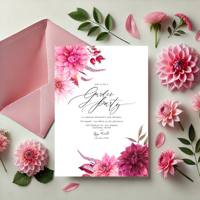 Invitación Elegante Fiesta del Jardín Borgoña y Dahlia Rosa (Elegant Burgundy and Pink Dahlia Garden Party Invitation)
