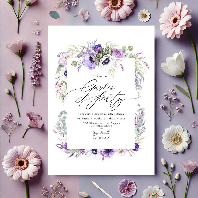 Invitación Elegante Fiesta del Jardín de Flores Violetas y Po (Elegant Dusty Violet Floral Garden Party Invitation)