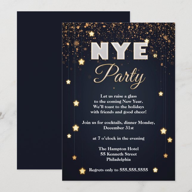 Invitación Elegante Fiesta del NYE Confetti (Anverso / Reverso)