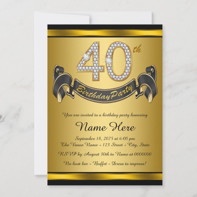 Invitación Elegante Fiesta del Oro Negro 40 cumpleaños (Anverso)