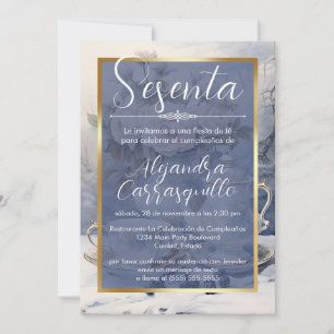Invitación Elegante Fiesta del Té Azul Español Cumpleaños 60