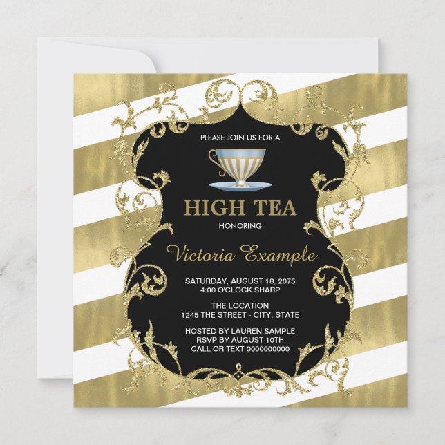 Invitación Elegante fiesta del té negra y dorada (Anverso)