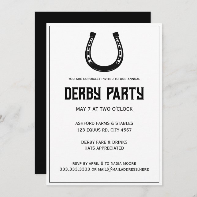 Invitación Elegante Fiesta Derby de la carrera de caballos bl (Anverso / Reverso)